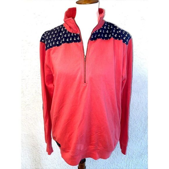 Simply Southern Women's 1/4 Zip Sweatshirt Coral Pink w/Blue Anchors M - Picture 1 of 11